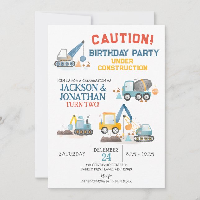 Invitación Construction Trucks, Twin Boys Birthday Party (Anverso)