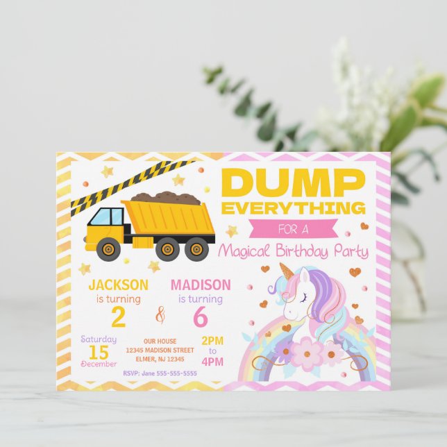 Invitación Construction & Unicorn Joint Birthday Invitation (Anverso de pie)