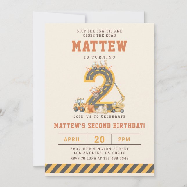 Invitación Construction Vehicles 2nd Birthday Invitation (Anverso)