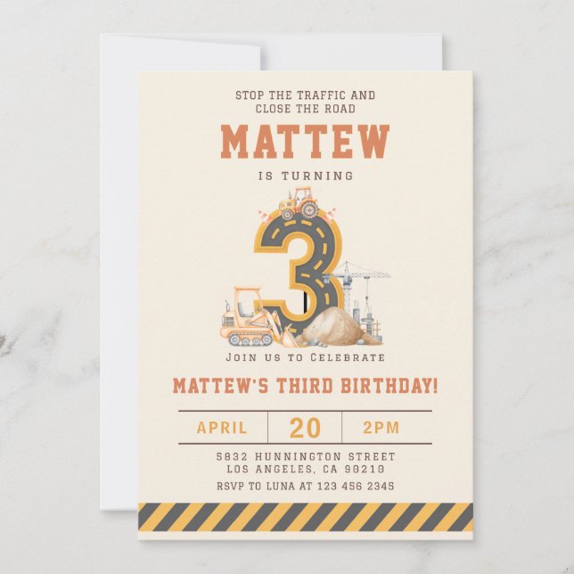 Invitación Construction Vehicles 3rd Birthday Invitation (Anverso)