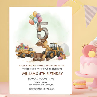 Invitación Construction Vehicles 5th Birthday Invitation