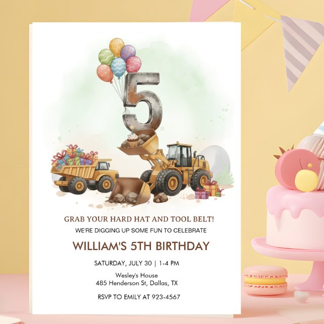 Invitación Construction Vehicles 5th Birthday Invitation  (Subido por el creador)