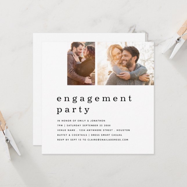Invitación Contemporary 2 Photo Grid Engagement Party Square (Anverso/Reverso In Situ)