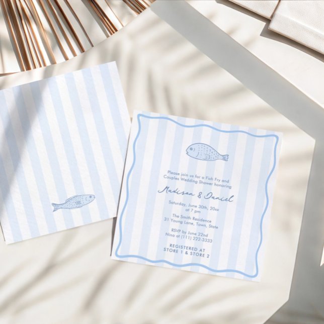 Invitación Contemporary Doodle Fish Fry Engagement Party (Trendy hand-drawn blue and white fish fry couples wedding shower invitation)