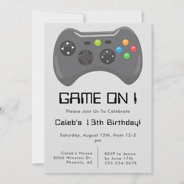 Invitación Control de Videojuego Cumpleaños Niños Gris (Anverso)