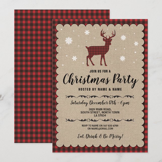 Invitación Control rojo del copo de nieve de los ciervos de (Anverso / Reverso)