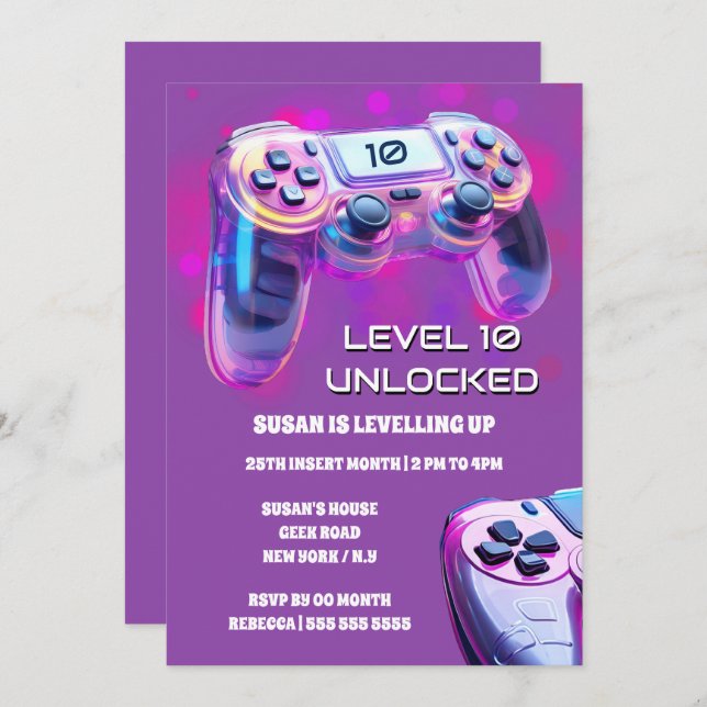 Invitación Controlador de juegos chicas de neón rosa cumpleañ (Anverso / Reverso)