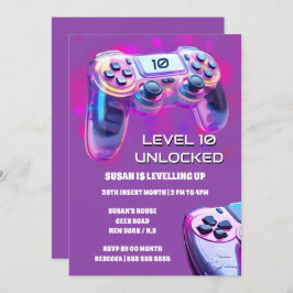 Invitación Controlador de juegos chicas de neón rosa cumpleañ