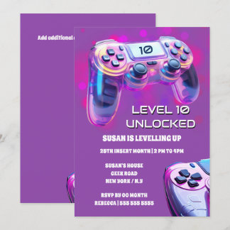 Invitación Controlador de juegos chicas de neón rosa cumpleañ