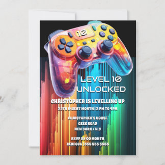 Invitación Controlador de juegos neón naranja azul fiesta de