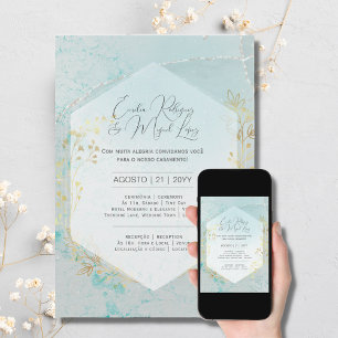 Invitación Convite Casamento Ouro Azul Turquesa