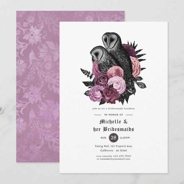 Invitación Convite de Almuerzo de Damas de Honor Gótico Búhos (Anverso / Reverso)