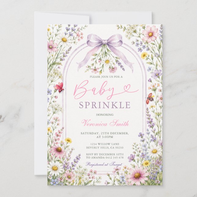 Invitación Convite de Baby Sprinkle Coquette Arcoíris de Flor (Anverso)