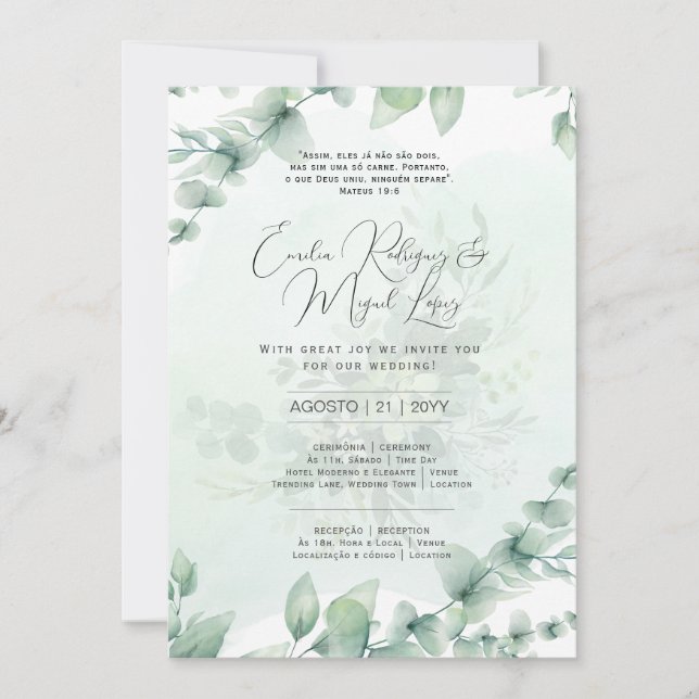 Invitación Convite de Casamento Folhas Verdes Portugués (Anverso)