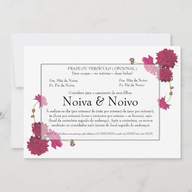 Invitación Convite de Casamento personalizável com flores. (Anverso)