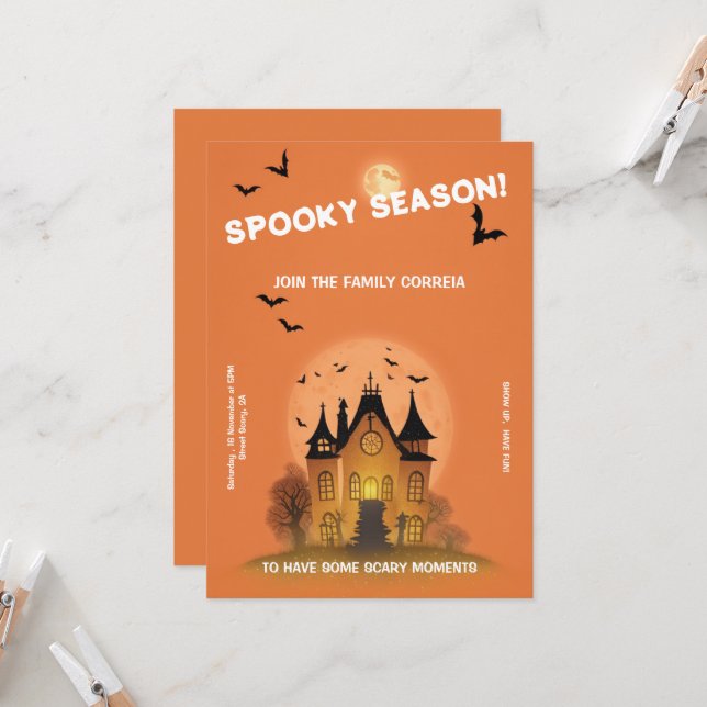 Invitación Convite Festa de Haloween Laranja com Mansão (Anverso/Reverso In Situ)