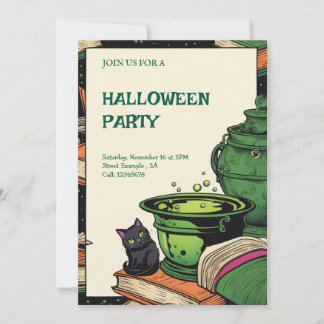 Invitación Convite Festa Halloween Caldeirão e Gato Preto