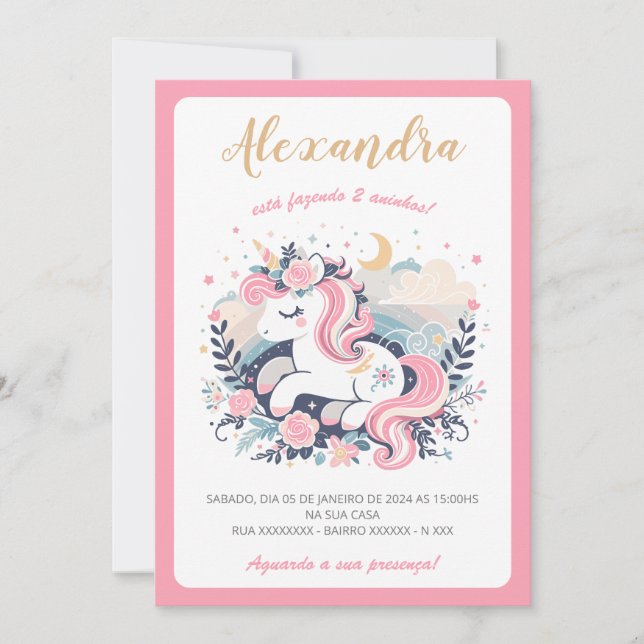 Invitación Convite Mágico Unicórnio Rosa em Português (Anverso)