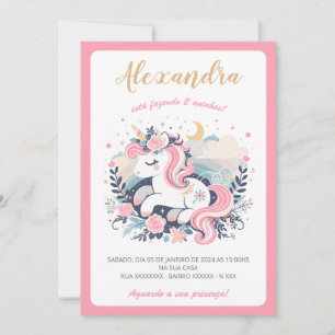 Invitación Convite Mágico Unicórnio Rosa em Português