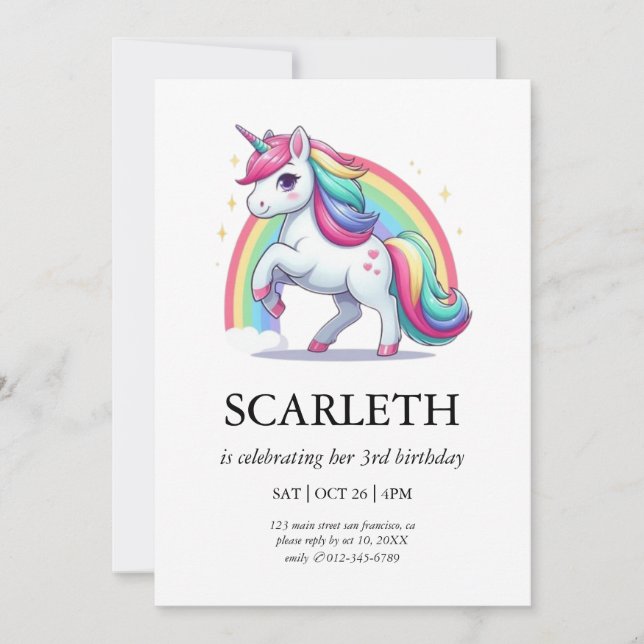 Invitación Convite Modern Cute Doodle Unicorn Stars Aniversár (Anverso)