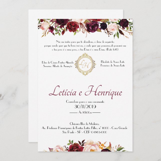 Invitación Convite para Casamento - Marsala | Frente (Anverso / Reverso)
