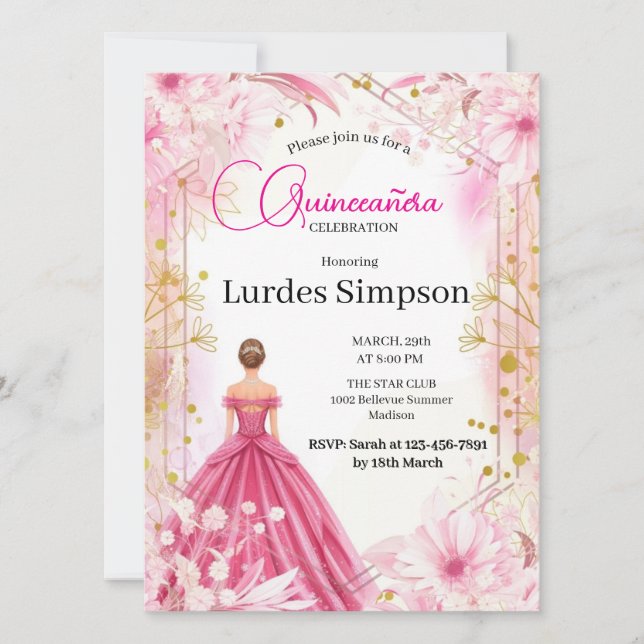 Invitación Convite  Quinceañera invitation  Floral Pink (Anverso)