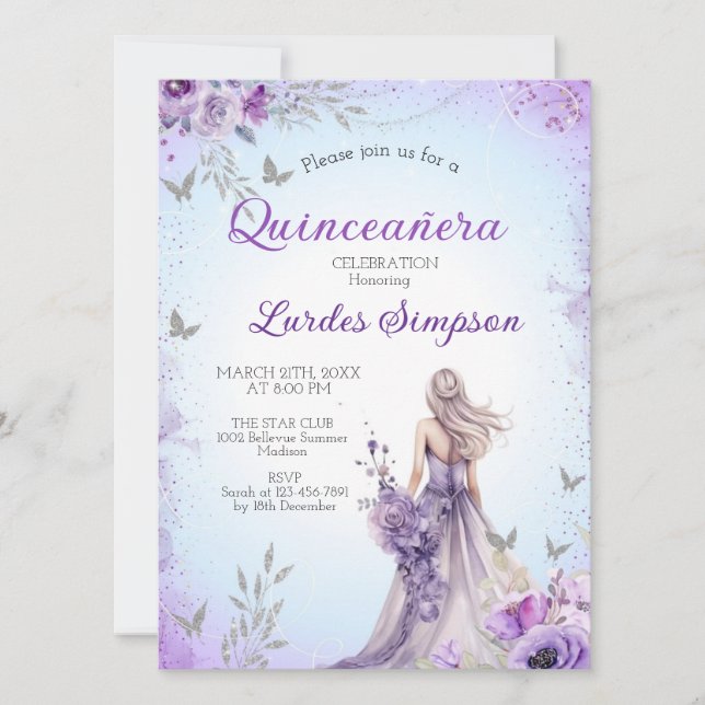 Invitación Convite  Quinceañera invitation Purple and Silver (Anverso)