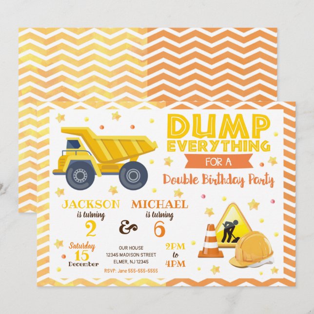 Invitación Convocatoria de cumpleaños conjunta de construcció (Anverso / Reverso)