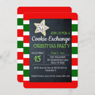 Invitación Cookie Exchange Chalkboard Red and Green Stripe