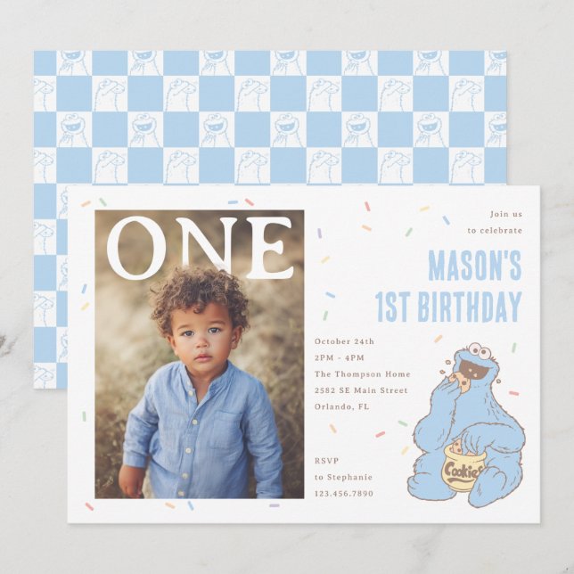 Invitación Cookie Monster Blue Confetti First Birthday (Anverso / Reverso)