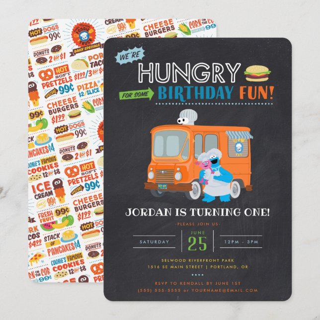 Invitación Cookie Monster Chalkboard Food Truck Cumpleaños (Anverso / Reverso)