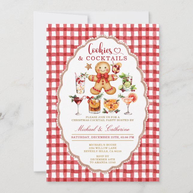 Invitación Cookies & Cocktails Winter Christmas Red Gingham (Anverso)
