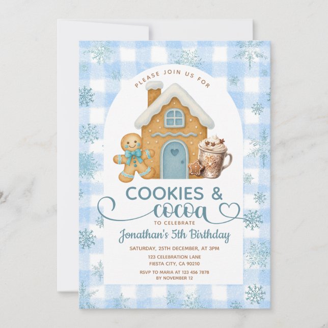 Invitación Cookies & Cocoa Birthday Blue Snowflakes Gingham (Anverso)