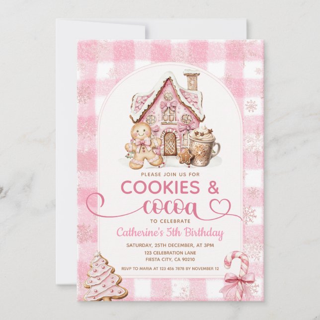 Invitación Cookies & Cocoa Birthday Pink Snowflakes Holiday (Anverso)