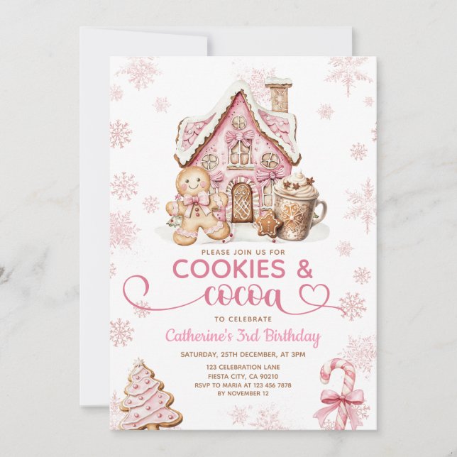 Invitación Cookies & Cocoa Birthday Pink Snowflakes Holiday (Anverso)