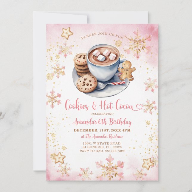 Invitación Cookies rosas y copos de nieve de cacao caliente c (Anverso)