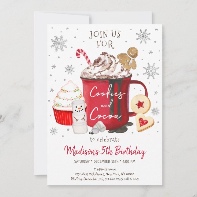 Invitación Cookies y cacao Caliente Invierno Cumpleaños (Anverso)
