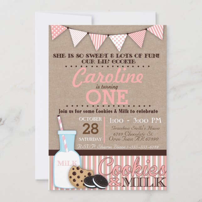 Invitación Cookies y fiesta de cumpleaños de la leche (Anverso)