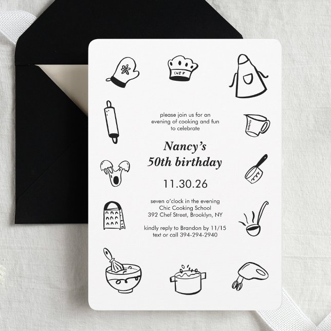 Invitación Cooking Birthday Party Hand Drawn Chef Minimalist  (Subido por el creador)