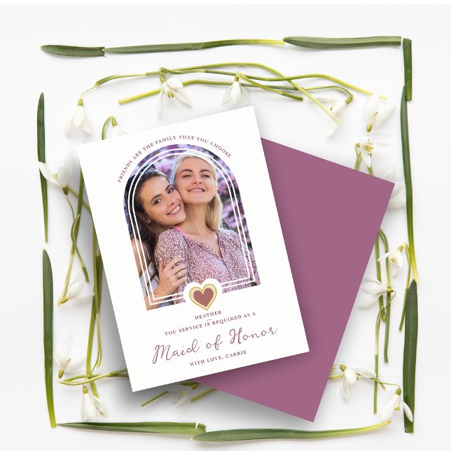 Invitación Cool Arch Fancy Maid of Honor Purple Heart Photo (Subido por el creador)
