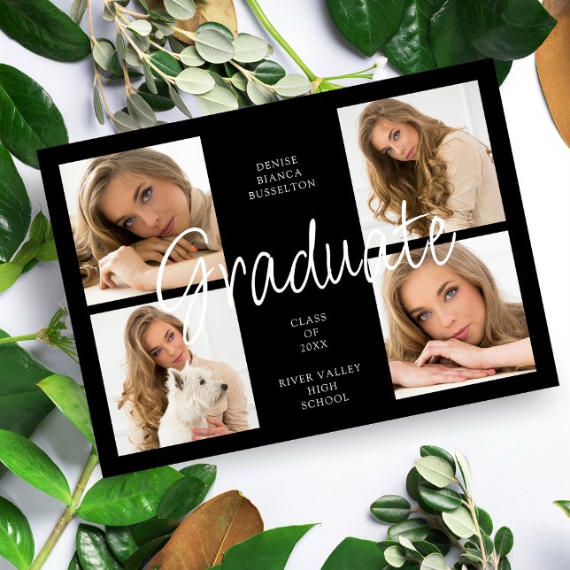 Invitación Cool Black Trendy Collage Graduate 4 Multi Photos (Subido por el creador)