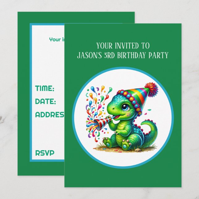 Invitación Cool boys dinosaur party add text  (Anverso / Reverso)