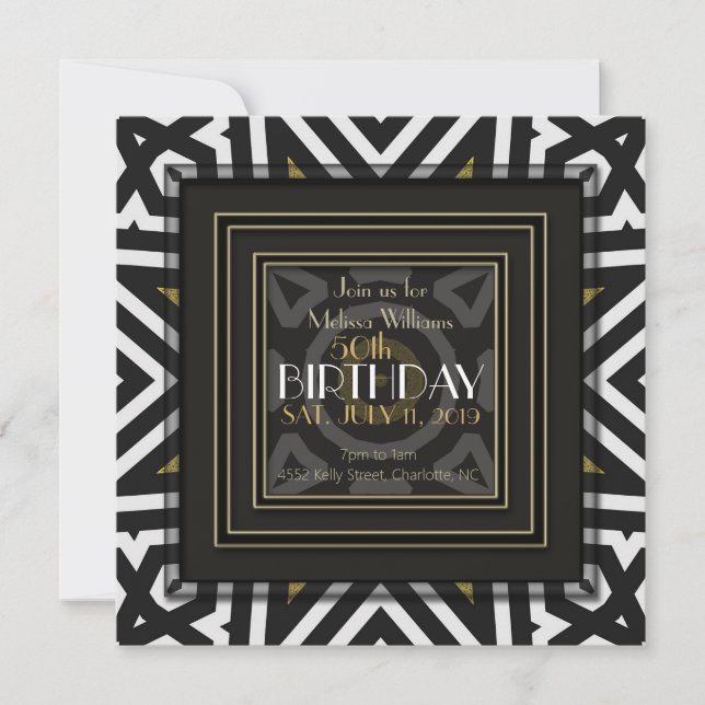Invitación Cool Cumpleaños 50 Azteca Boho Negro Blanco Dorado (Anverso)