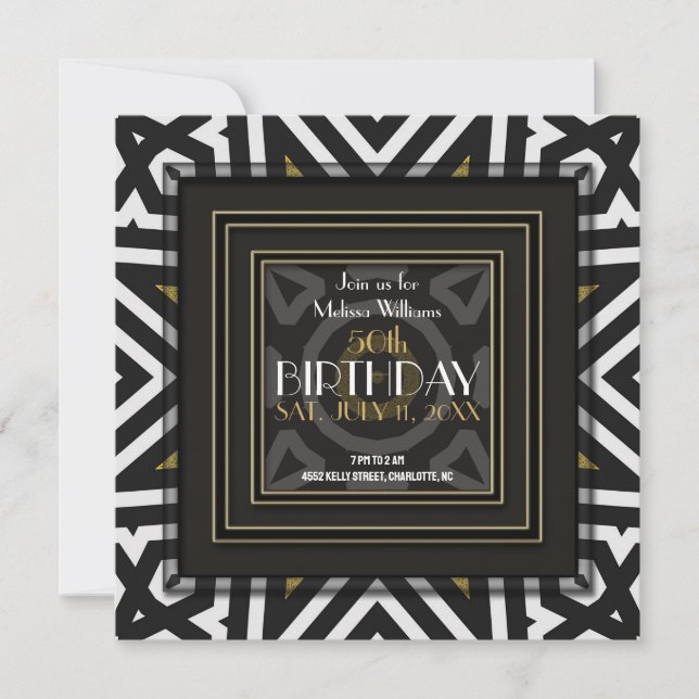 Invitación Cool Cumpleaños 50 Azteca Boho Negro Blanco Dorado (Anverso)