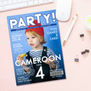 Invitación Cool Diversión Azul Portada Revista Cumpleaños Niñ
