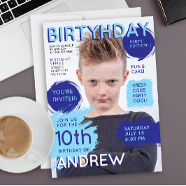 Invitación Cool Fun Blue Magazine Cover Boys Birthday Photo 