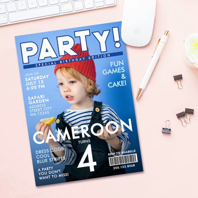 Invitación Cool Fun Blue Special Magazine Cover Kids Birthday (Subido por el creador)