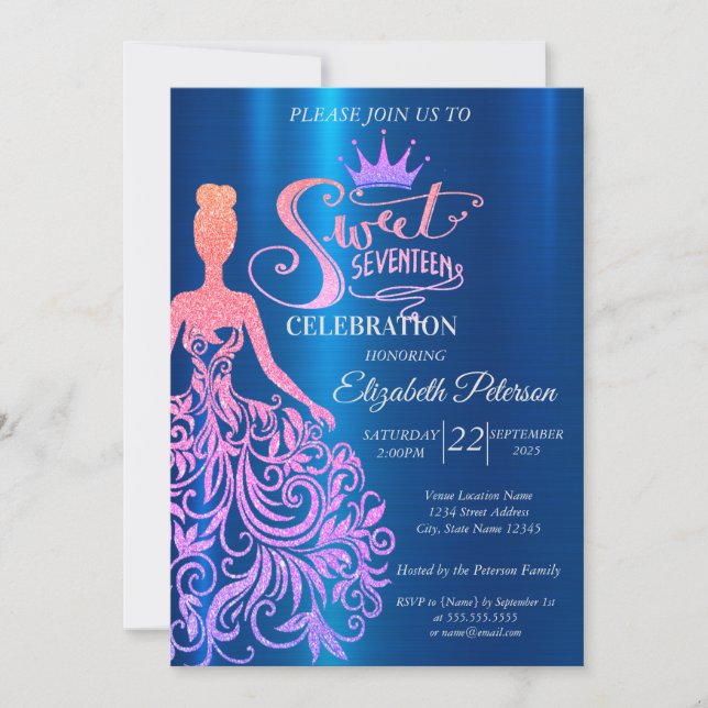 Invitación Cool Glitter Bokeh,Vestido,Tiara,Azul Dulce 17   (Anverso)