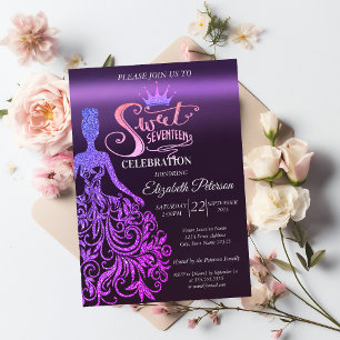 Invitación Cool Glitter Bokeh,Vestido,Tiara,Morado Dulce 17