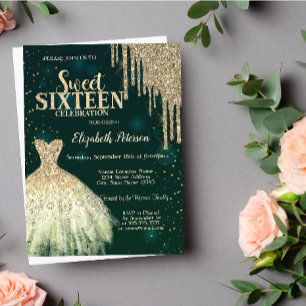 Invitación Cool Gold Glitter Drips,Vestido Verde Dulce 16